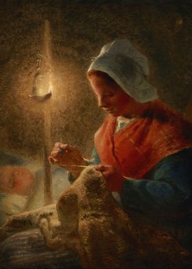 Woman Sewing by Candlelight