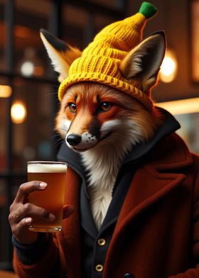 Fox in a Beanie with Beer