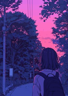 Anime Girl Sunset Walk