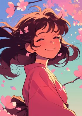 Smiling Anime Girl in Cherry Blossoms