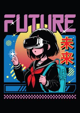 Anime girl poster with kawaii cute on y2k, cyberpunk, future, virtual reality, retro futuristic style. Tokyo Japan cute anime girl. Anime girl posters graphic y2k illustration