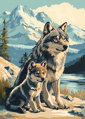 Wolf and Pup in Mountain Landscape