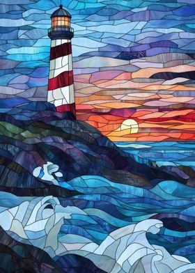 Stained Glass Lighthouse Sunset