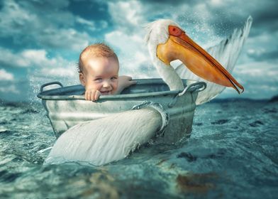 Baby and Pelican in a Tub