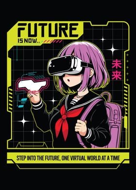 Anime girl poster with kawaii cute on y2k, cyberpunk, future, virtual reality, retro futuristic style. Tokyo Japan cute anime girl. Anime girl posters graphic y2k illustration