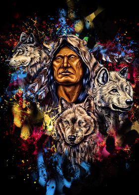 Native American with Wolves