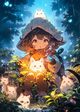 Anime Girl with Creatures in Forest