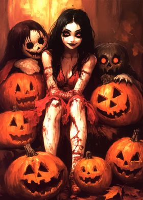 Halloween Girl with Pumpkins