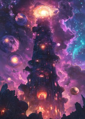 Cosmic Tower Space Nebula Planets Sky