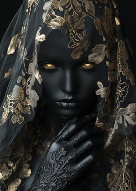 Black Veil with Gold Floral