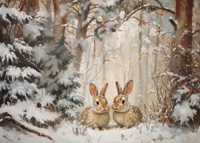 Winter Bunnies in Forest