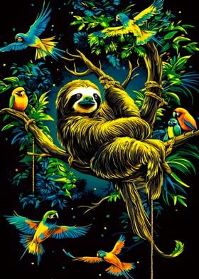 Sloth and Parrots in Jungle