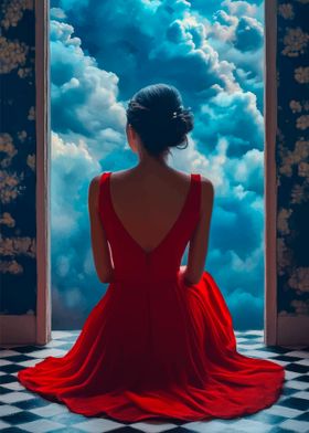 Woman in Red Dress Gazing at Clouds