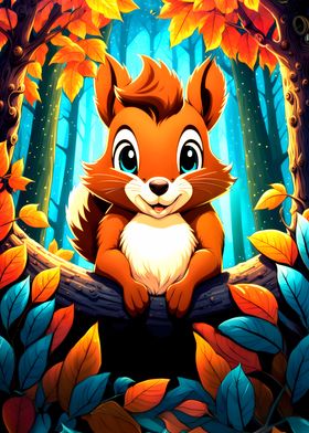 Cute Squirrel in Autumn Forest