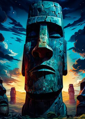 Moai Statues at Sunset