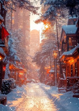 Snowy Street at Sunset