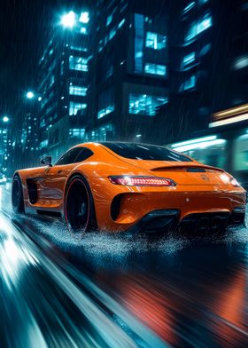 Orange Sports Car in Rain