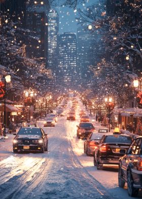 Snowy City Street at Night