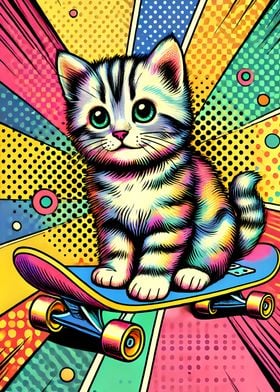 Cat on Skateboard Pop Art