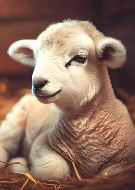 Cute Lamb in Hay