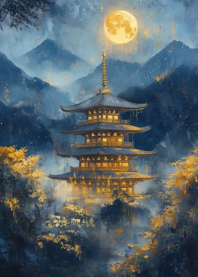 Japanese Pagoda Under Full Moon