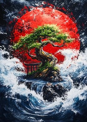 Bonsai Tree Under Red Moon