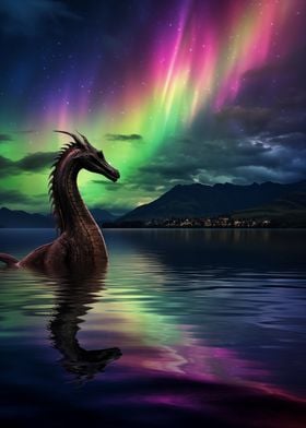 Dragon In Aurora Borealis Lake