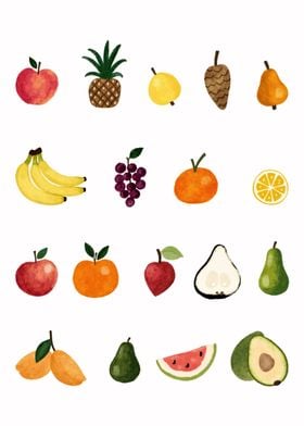 Watercolor Illustration of Various Fruits