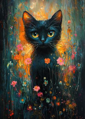 Black Cat in Flowers