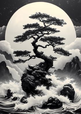 Bonsai Tree Under Full Moon