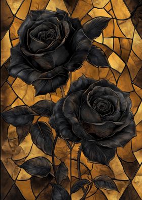 Stained Glass Black Roses on Gold