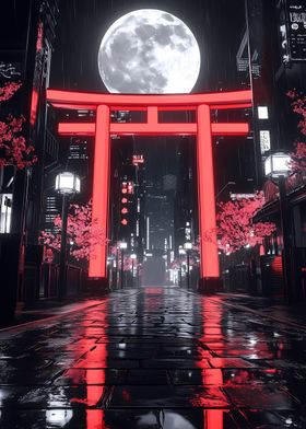 Neon Torii Gate Night Full Moon