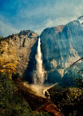 Yosemite Waterfall Mist and Forest Fire Smoke