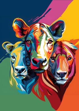 Colorful Cow and Lion