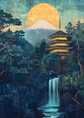 Japanese Temple Waterfall