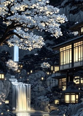 Cherry Blossom Temple Waterfall