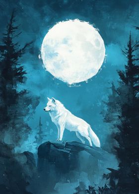 White Wolf Under Full Moon