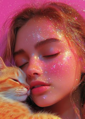 Girl and Cat with Glitter