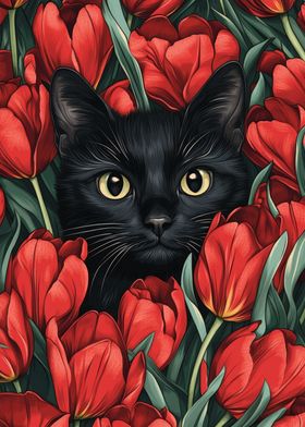 Black Cat in Tulips