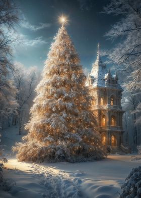 Snowy Christmas Tree & Mansion