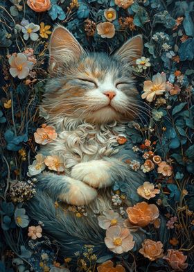 Sleeping Cat in Flowers