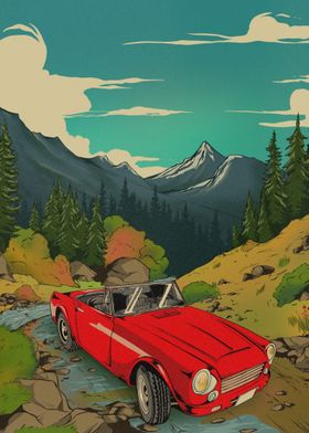 Datsun Red Convertible in Mountains