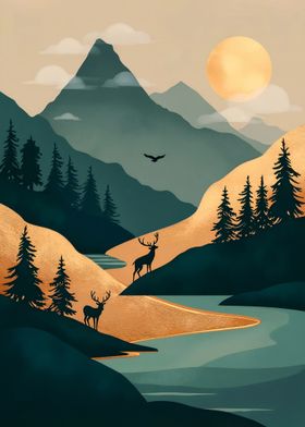 Mountain Landscape with Deer