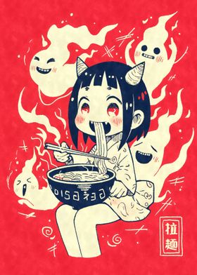 Demon Girl Eating Ramen with Ghosts