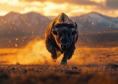 Charging Bison at Sunset