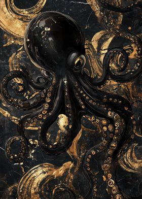 Black Octopus on Gold Marble