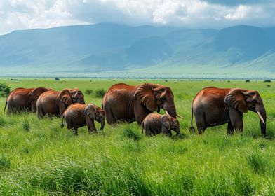 Elephant Family in Grassland