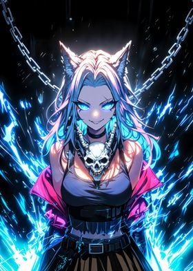 Neon Anime Girl Skull