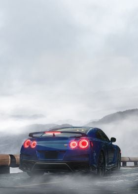 Blue Sports Car in Fog