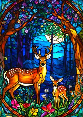 Stained Glass Deer in Forest